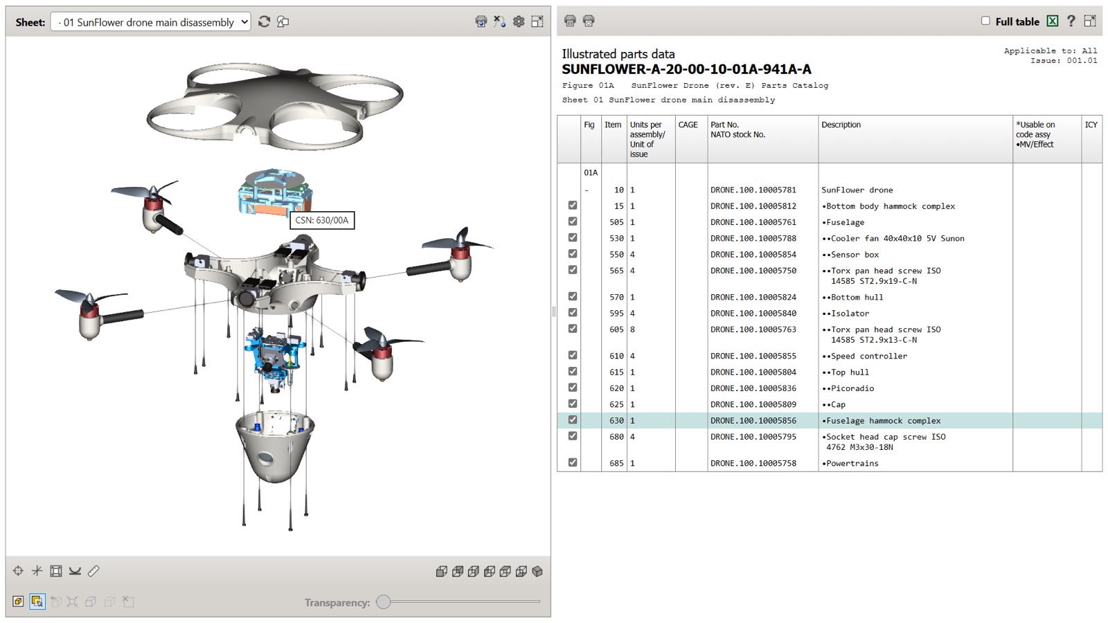 An S1000D illustrated parts data module with an exploded view and parts list